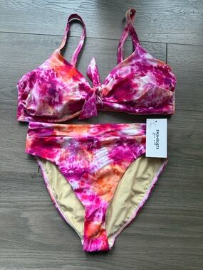 Tie-Front Tie-Dye Bikini Set in Pink & Orange Top Size 18/ Bottom Size 12
